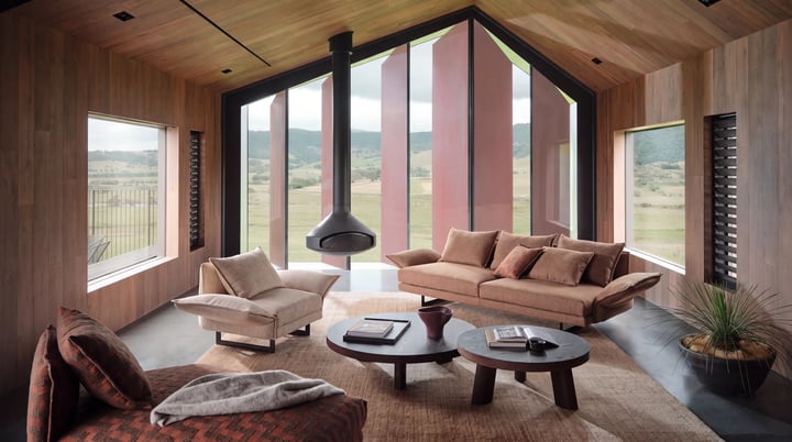 Timber lined living room with a black suspended fireplace, a tan sofa, a rust armchair and two round coffee tables.
