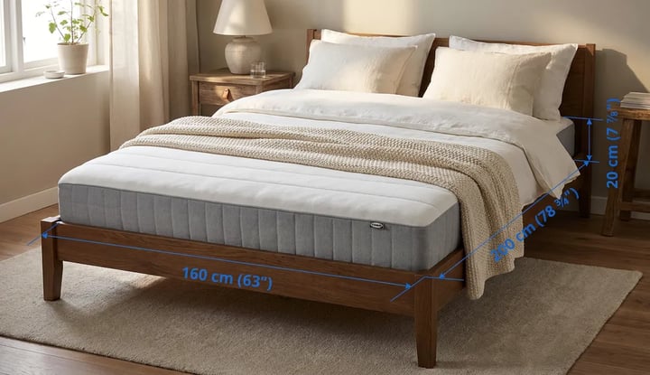 Dark wood bed frame with a mattress marked 160 cm wide, 200 cm long and 20 cm deep