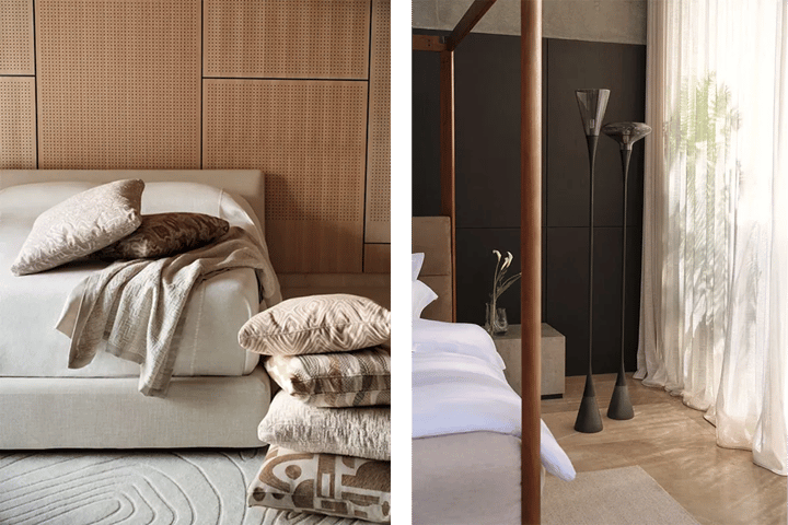 A bedroom with perforated oak wall panelling behind a linen bed, and dark timber cabinetry next to a sheer curtain