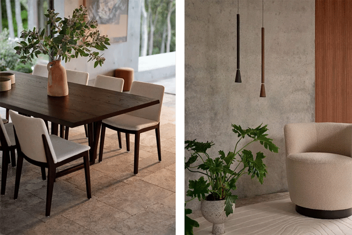 Dark solid oak dining table with upholstered chairs beside a garden window, and a curved armchair by a large plant.