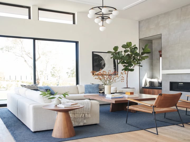 Bright living room with a white sectional sofa, tan leather chairs, a blue wool rug and a low walnut coffee table.