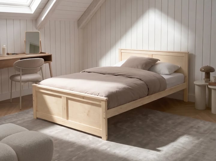 Light wood three-quarter bed with a panelled headboard and footboard in an attic bedroom with a sloping ceiling