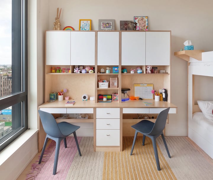 Built-in double study desk for two children with drawers, a central drawer column, white cabinets above and a bunk bed