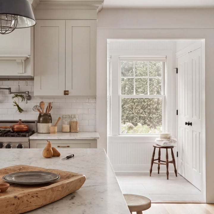 A pale kitchen with cream shaker cabinets, marble worktops, white tiled walls and a dark wooden stool by the window.