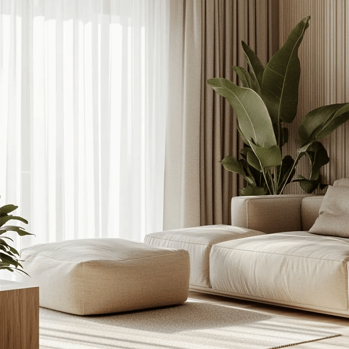 Low beige linen sofa and a floor cushion beside sheer curtains and a large green plant in a Japandi living room.
