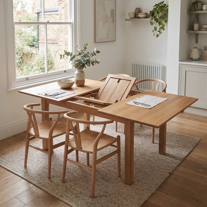 Oak butterfly extension table by a sash window, with the leaf folded in half rising from inside between the two open halves
