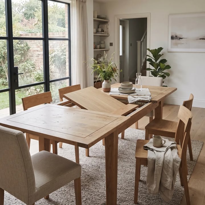 Oak dining table opened in the middle on metal slides, with the extension leaf resting at an angle across the gap