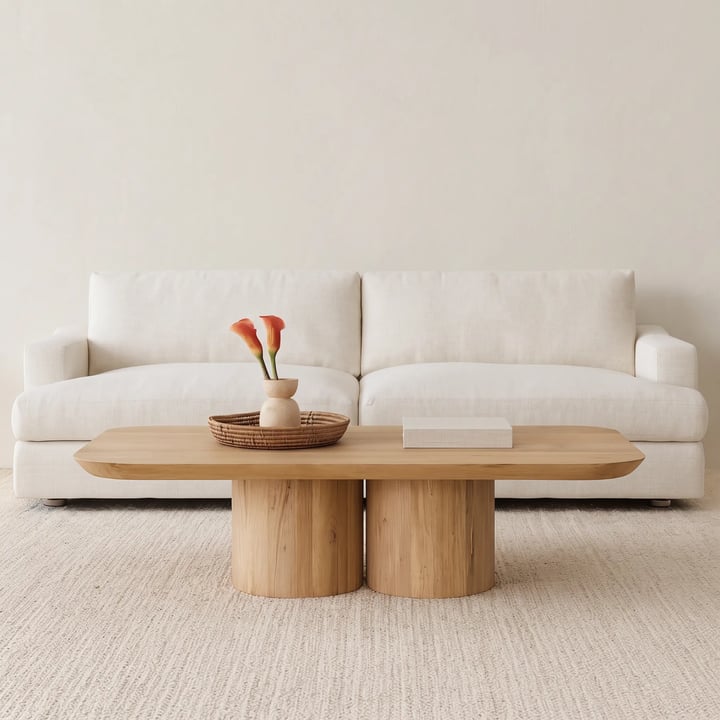 Oak coffee table with rounded corners on two cylinder pedestals in front of a white sofa, its top level with the seat