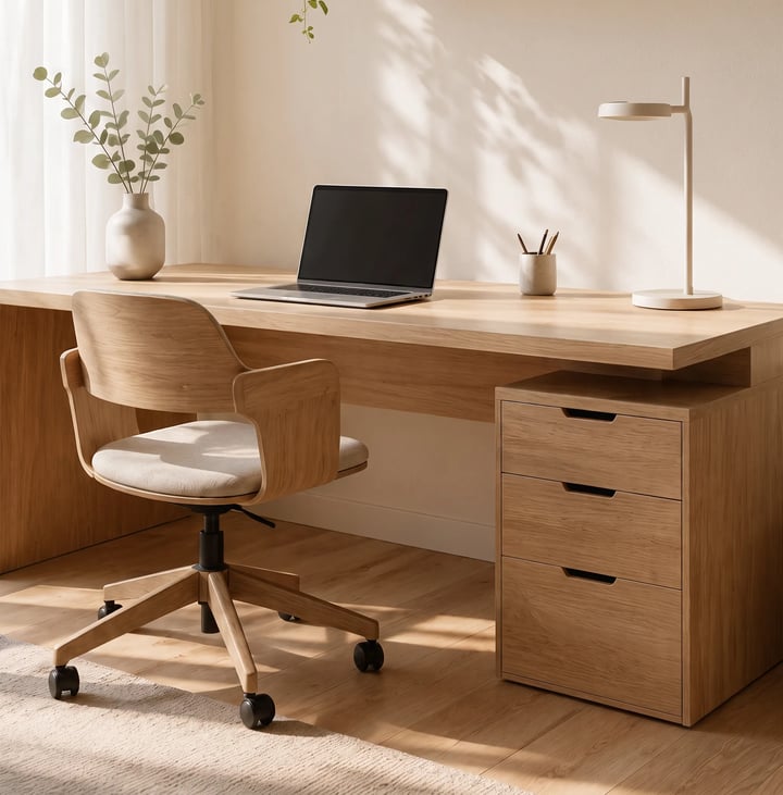 Oak home office desk with a laptop, a three-drawer pedestal underneath, a wooden swivel chair, a desk lamp and eucalyptus