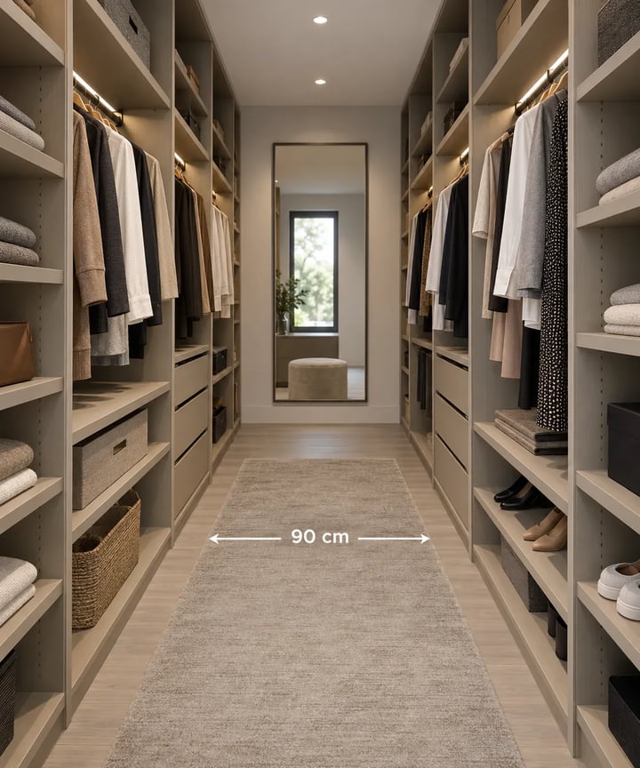 Garderobë walk-in me rafte dhe shufra me dritë LED nga të dyja anët, pasqyrë në fund dhe korridor 90 cm në mes.
