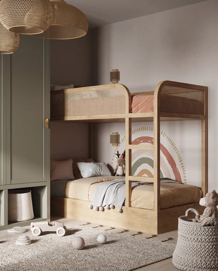 Oak-coloured wooden bunk bed with woven cane guard panels on the top bunk and a vertical ladder
