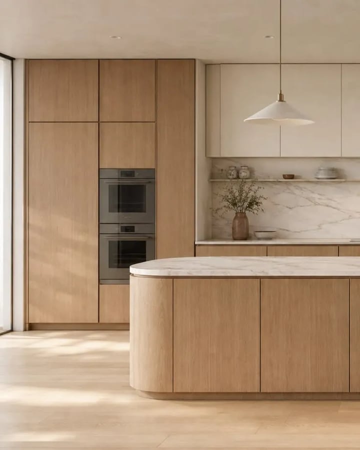 Kitchen with handleless light oak fronts with vertical grain, a curved island and a light marble worktop.
