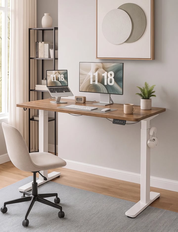 Sit-stand desk with a walnut top on a white electric base, a monitor and a laptop on a stand, and a beige swivel chair