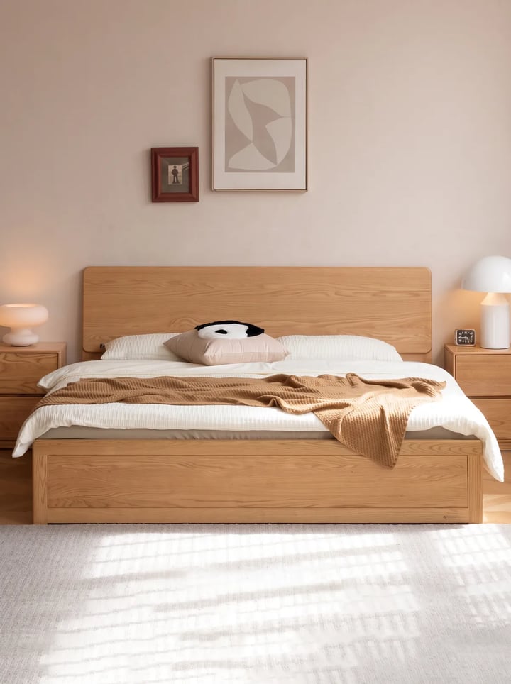 Oak double bed with two drawer nightstands whose tops sit level with the mattress, a white lamp on each