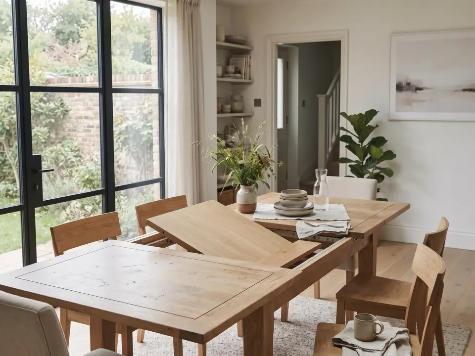 Oak dining table opened on metal slides with a loose centre leaf being placed, chairs around it