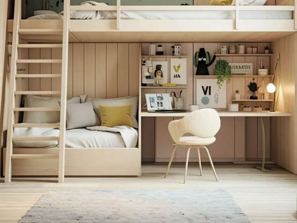 Light wood loft bed with a ladder, a sofa and a study desk with shelves built underneath it