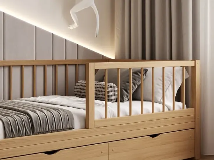 Oak single bed with a spindle guard rail on the wall side and two deep drawers underneath