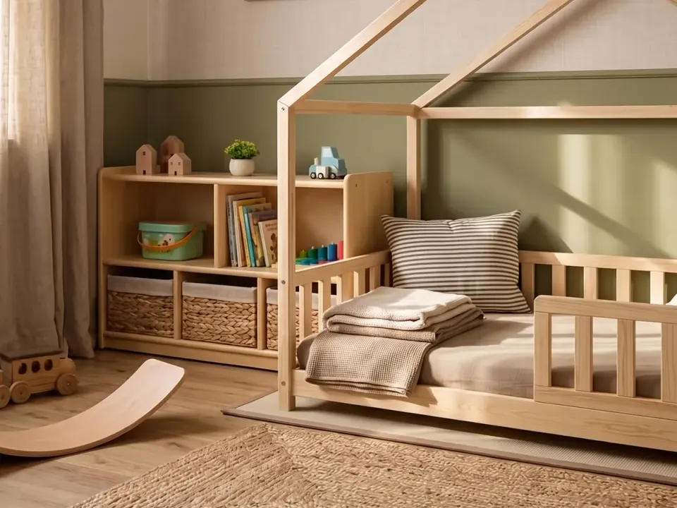 Low wooden house-shaped bed with a small guard rail next to a low shelving unit with baskets and books