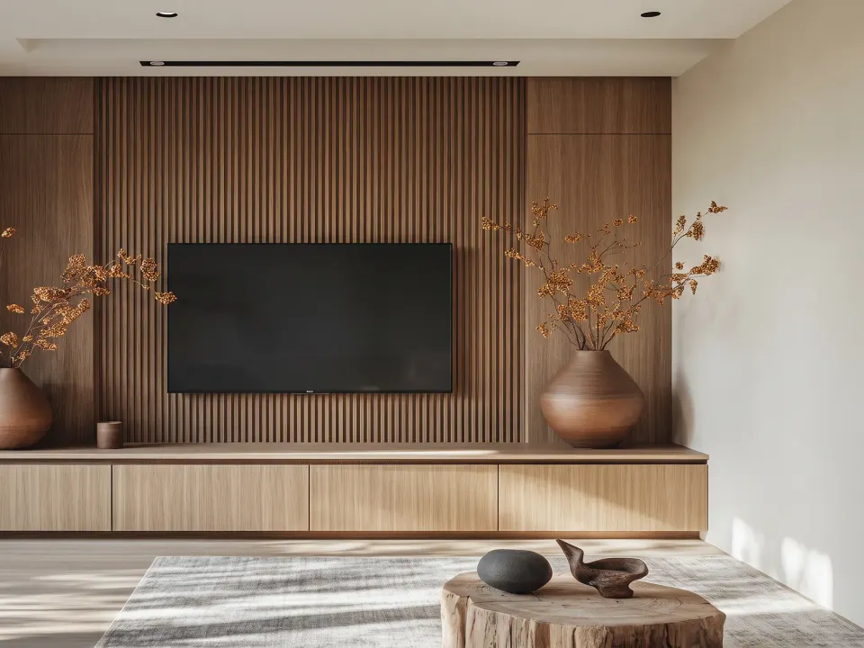 Walnut media wall with a slatted panel behind the television and a long low unit with handleless doors
