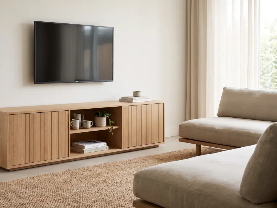 Low oak TV console with two fluted doors and an open niche in the middle under a wall-mounted television