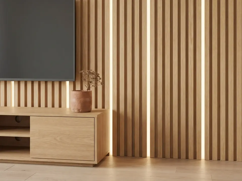 Slatted oak panel with vertical LED lines behind a wall-mounted television, low oak unit with a drawer beneath