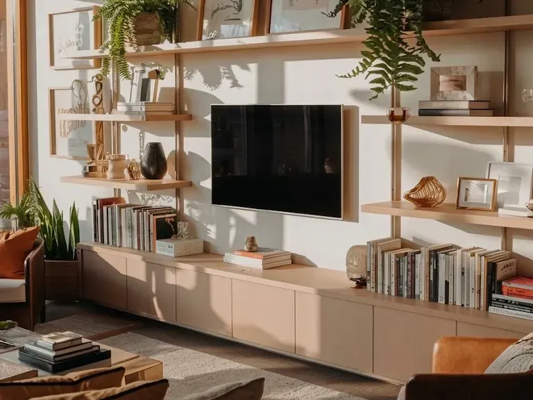 Open oak shelving on both sides of a television above a long low console, books, plants and framed prints on the shelves