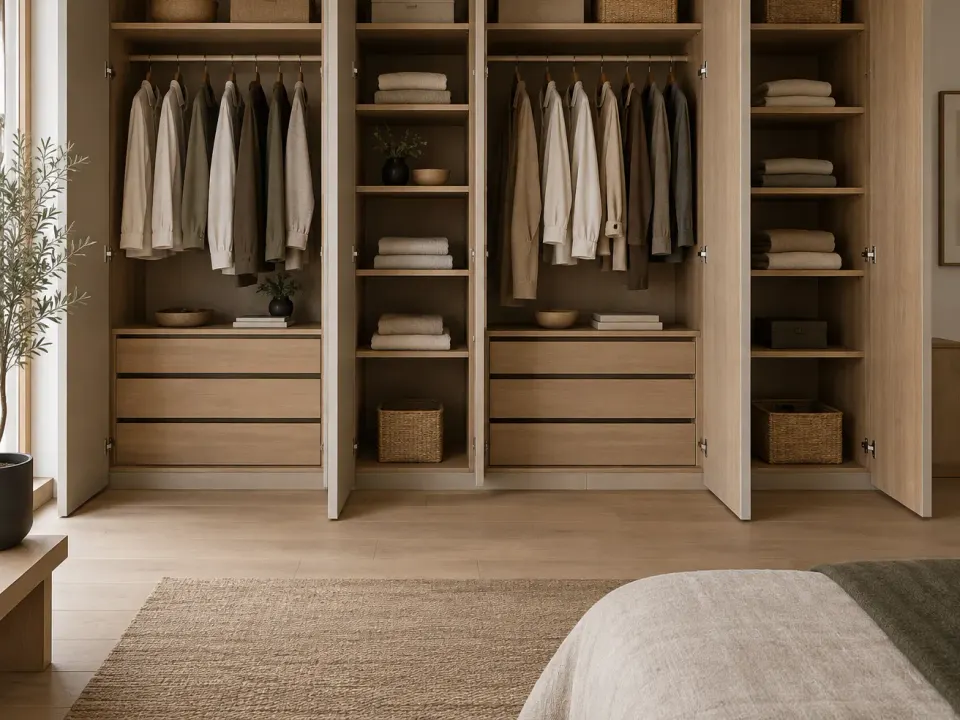 Fitted wardrobe with four columns and hinged doors open, rails and drawers inside