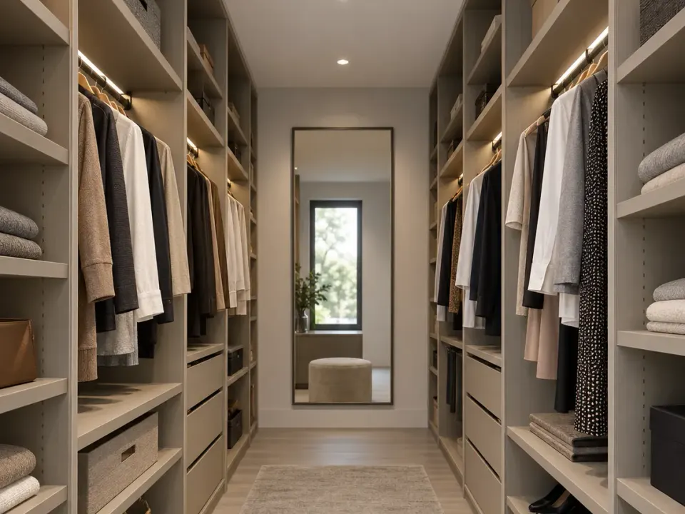 Walk-in closet with shelves and LED-lit rails on both sides and a mirror at the end