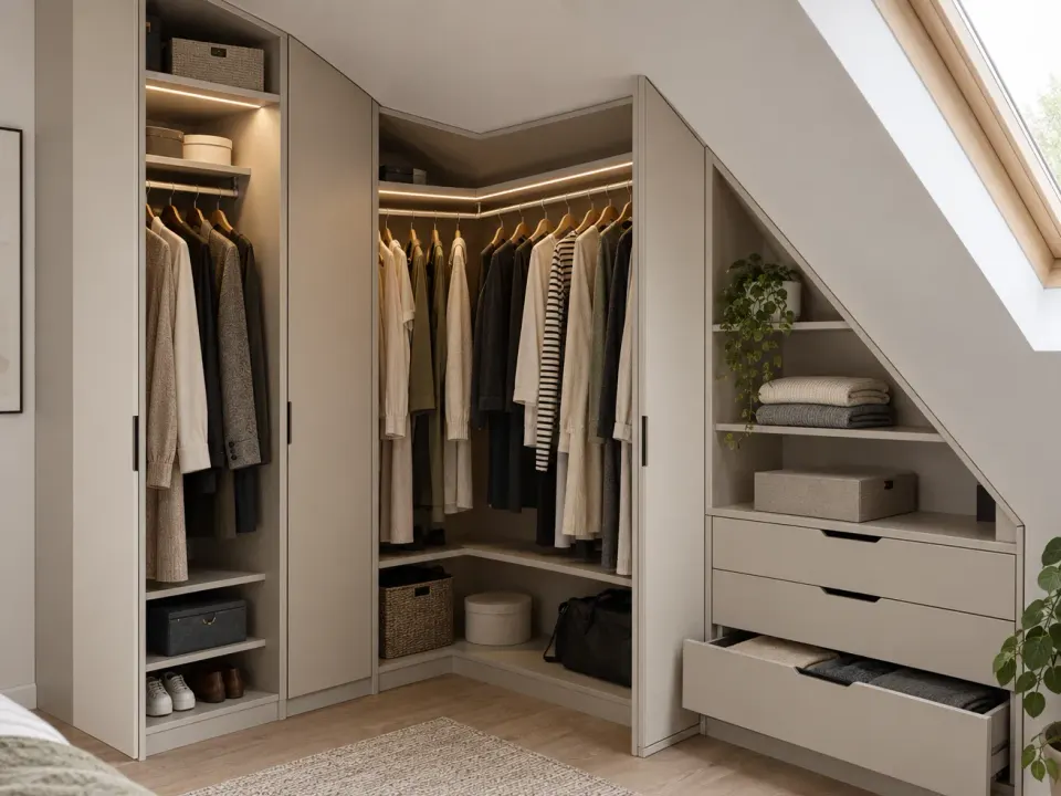 Corner wardrobe with doors open and shelves and drawers built under the sloped ceiling