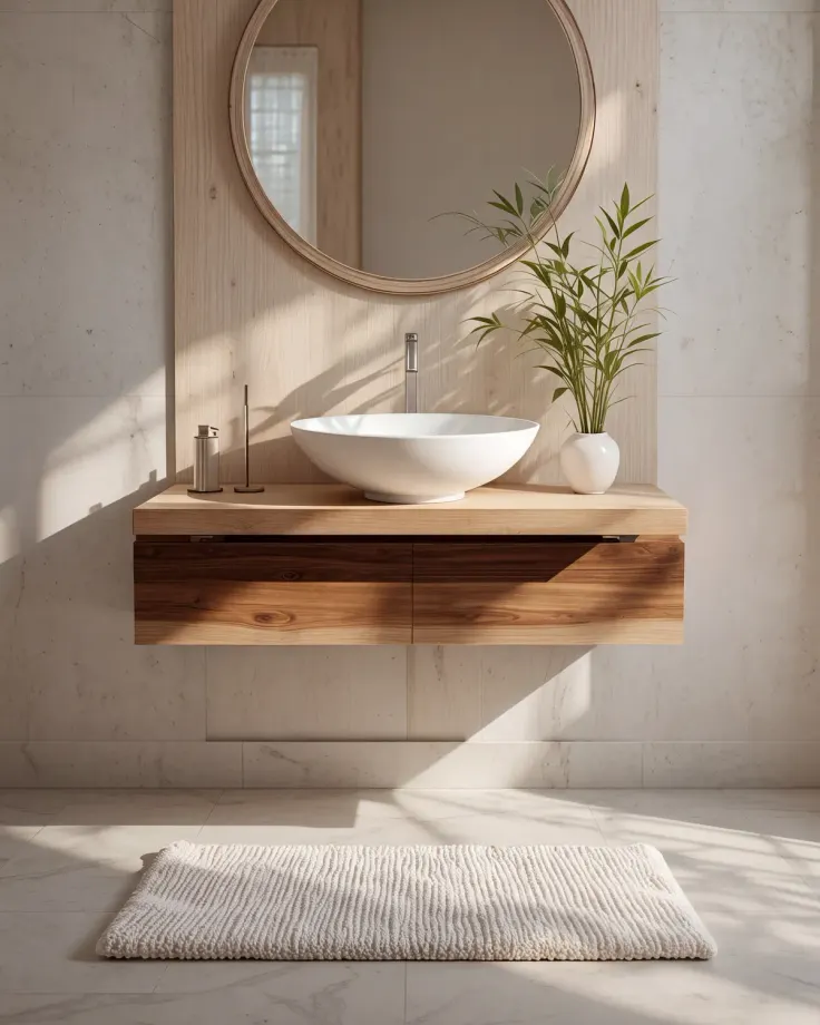 Wall-hung walnut vanity with a countertop basin under a round mirror on an oak panel, a plant beside the tap