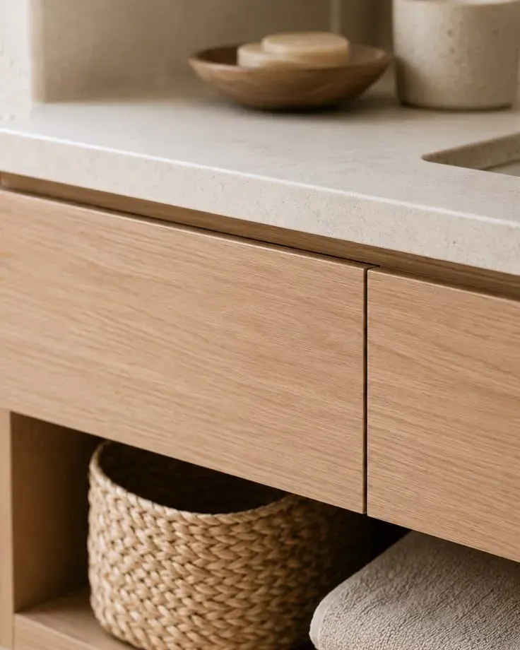 Close-up of an oak vanity with a stone top, a handleless drawer and an open shelf holding a basket and folded towels