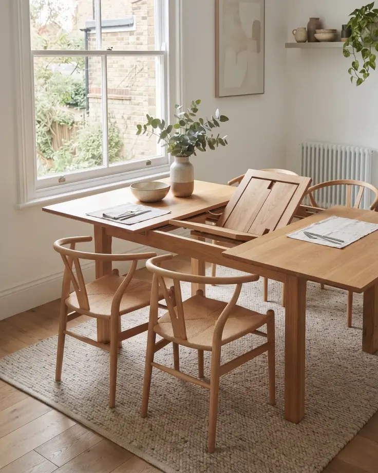 Oak extending dining table with its butterfly leaf unfolding from the centre, two wishbone chairs beside a sash window