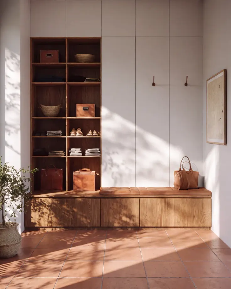 Entry hall with a fitted wardrobe in white doors, an open oak shelving column, wall hooks and a long oak bench seat
