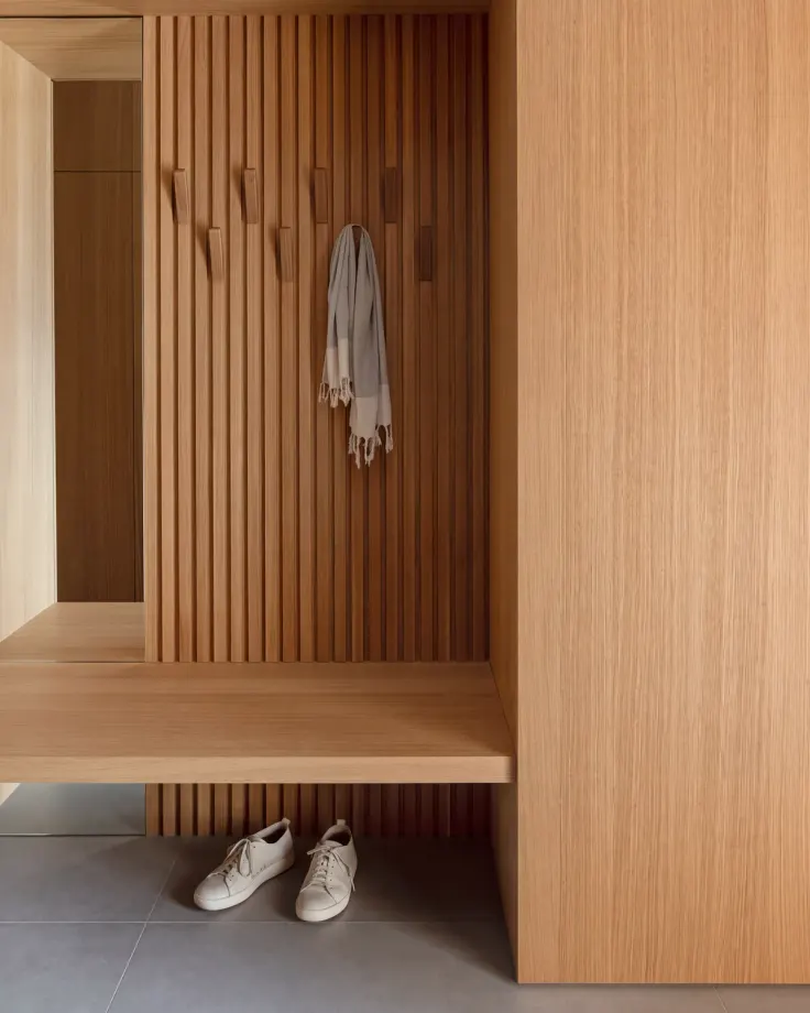 Oak slatted hallway niche with wooden hooks, a hanging scarf and a bench with shoes underneath, framed by oak cabinets