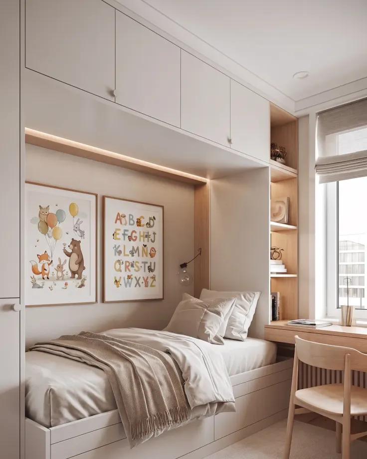 Small child’s room with white built-in wardrobes around a bed with drawers, an oak desk and shelves by the window