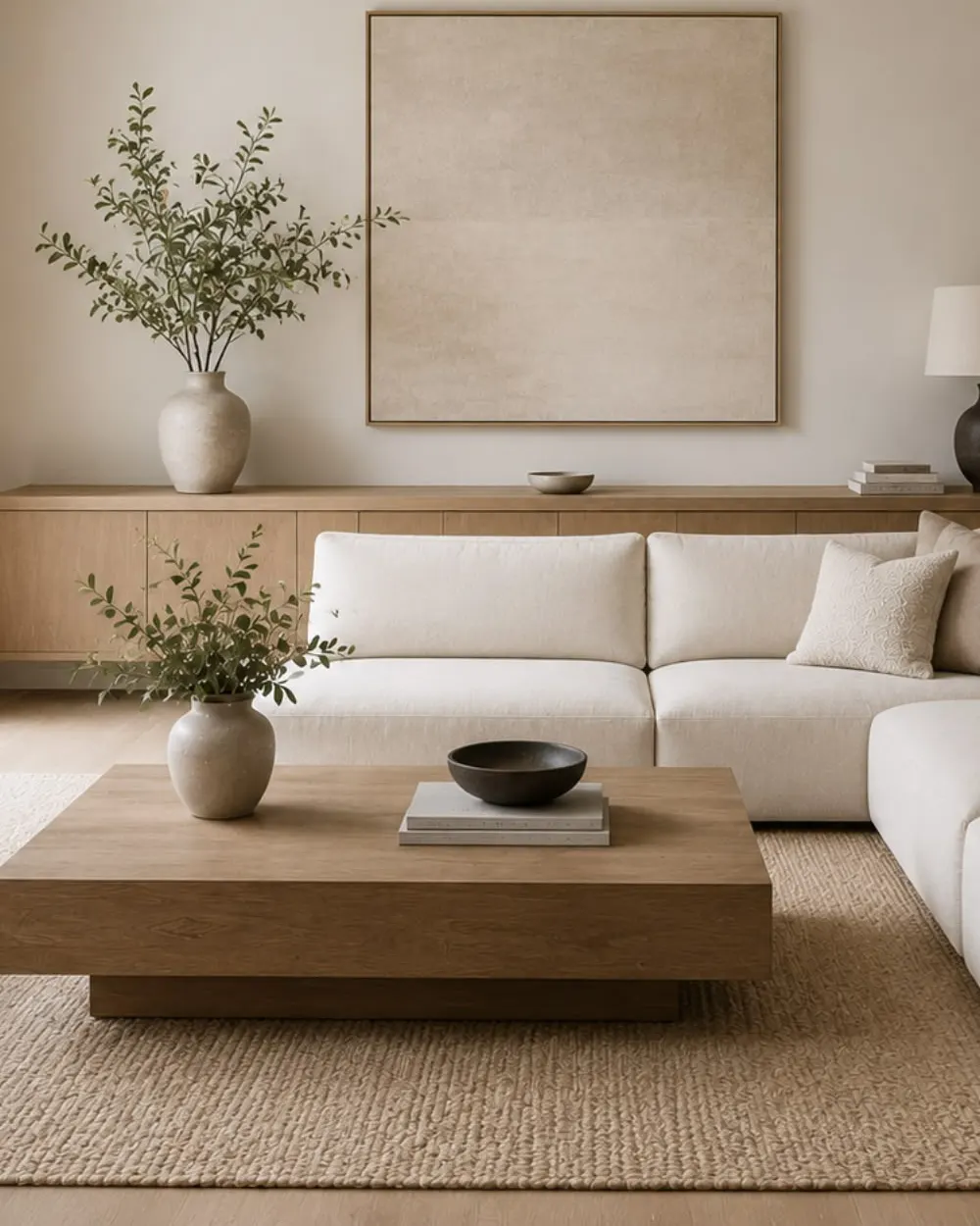 Living room with a custom low oak sideboard and a white sofa