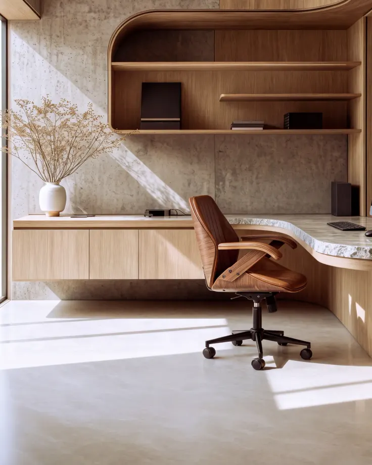 Home office with a floating oak desk and cabinets, a curved oak shelving unit on a concrete wall and a leather chair