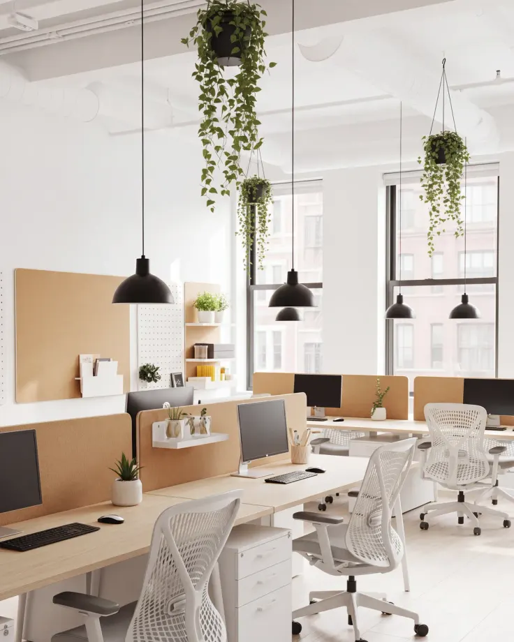 Open-plan office with oak desks in rows, cork screens, white mesh chairs and black pendant lights by tall windows