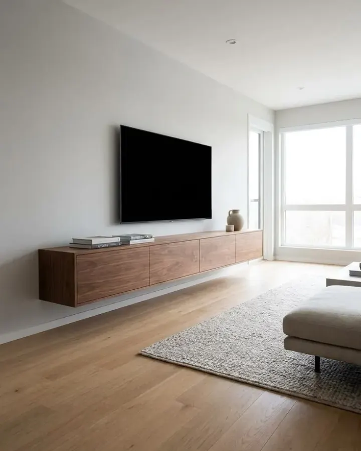 Floating walnut TV unit with four handleless doors under a wall-mounted television, clear oak floor beneath it