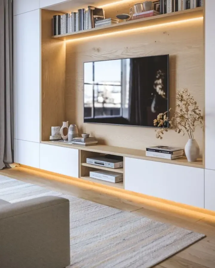 Floor-to-ceiling white and oak media wall with a lit shelf above the television and an open equipment niche below