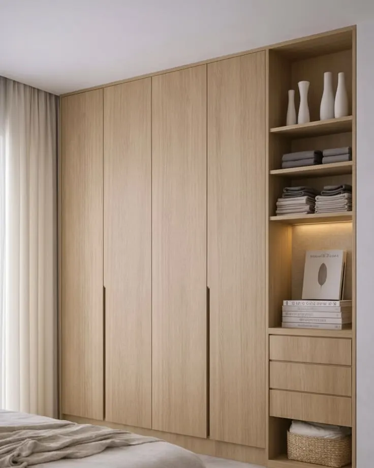 Fitted wardrobe with handleless doors and an open shelving column
