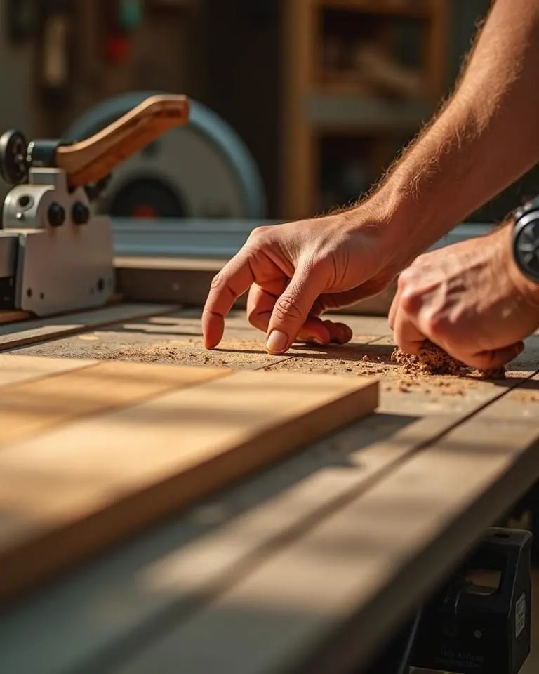 Craftsman cutting a board at the saw in the Formo workshop in Tirana
